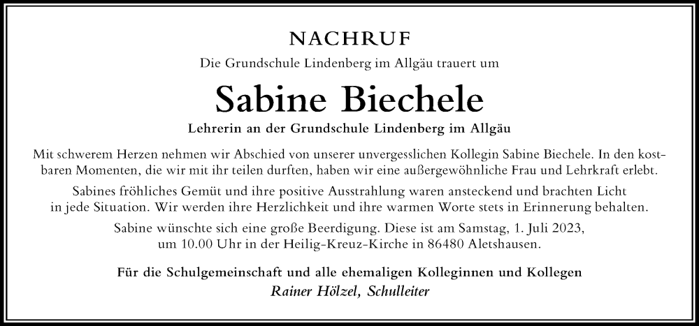  Traueranzeige für Sabine Biechele vom 28.06.2023 aus Der Westallgäuer