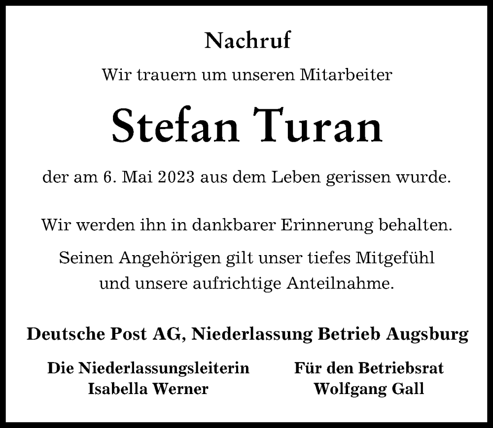 Traueranzeige von Stefan Turan von Memminger Zeitung