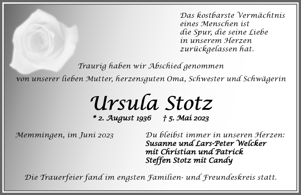 Traueranzeige von Ursula Stotz von Memminger Zeitung