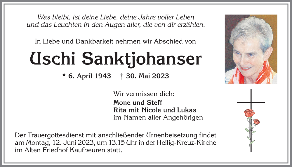 Traueranzeige von Uschi Sanktjohanser von Allgäuer Zeitung, Kaufbeuren/Buchloe