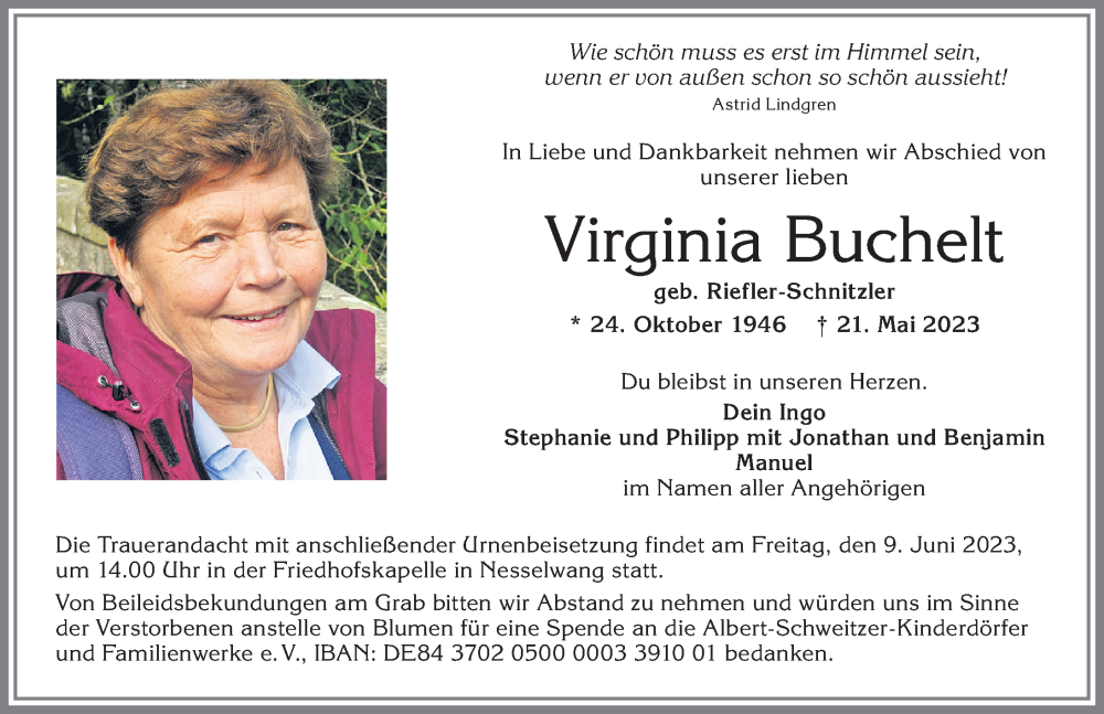 Traueranzeige von Virginia Buchelt von Allgäuer Zeitung, Füssen