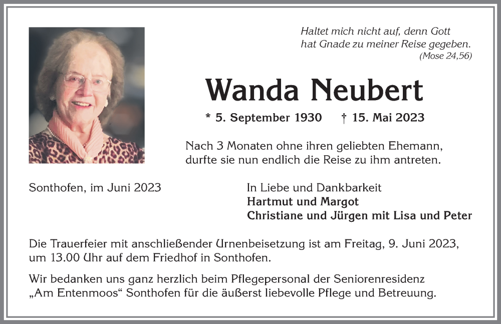 Traueranzeige von Wanda Neubert von Allgäuer Anzeigeblatt