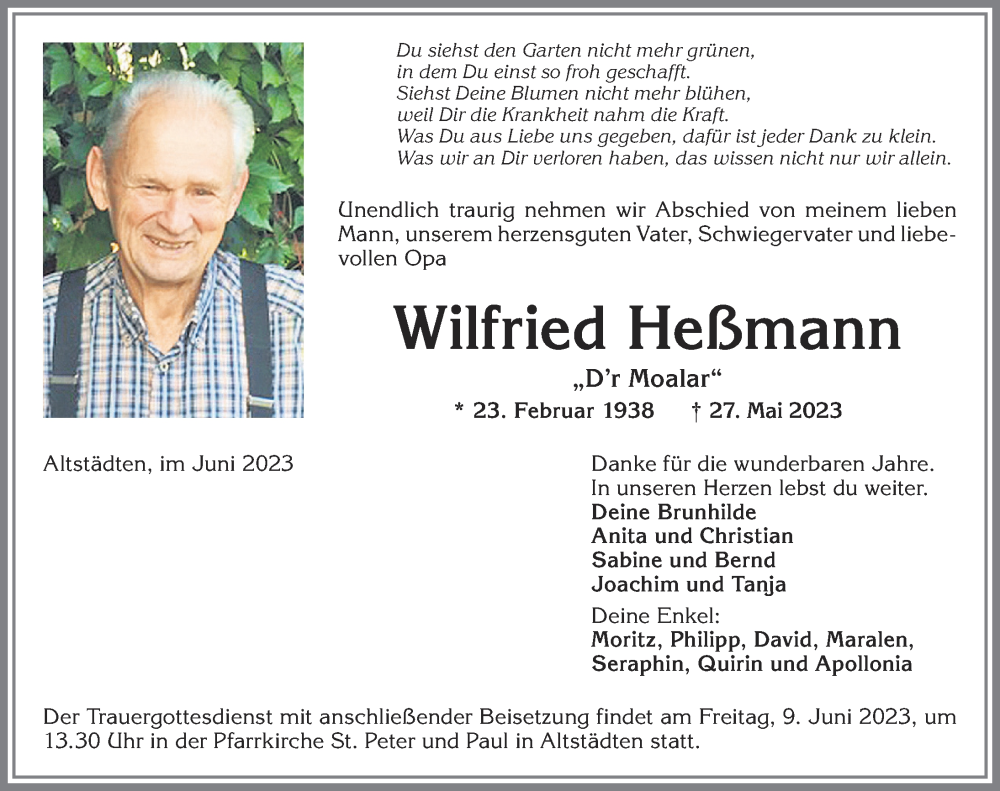 Traueranzeige von Wilfried Heßmann von Allgäuer Anzeigeblatt