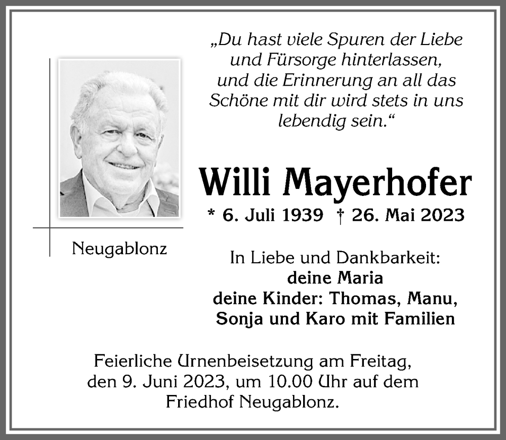 Traueranzeige von Willi Mayerhofer von Allgäuer Zeitung, Kaufbeuren/Buchloe