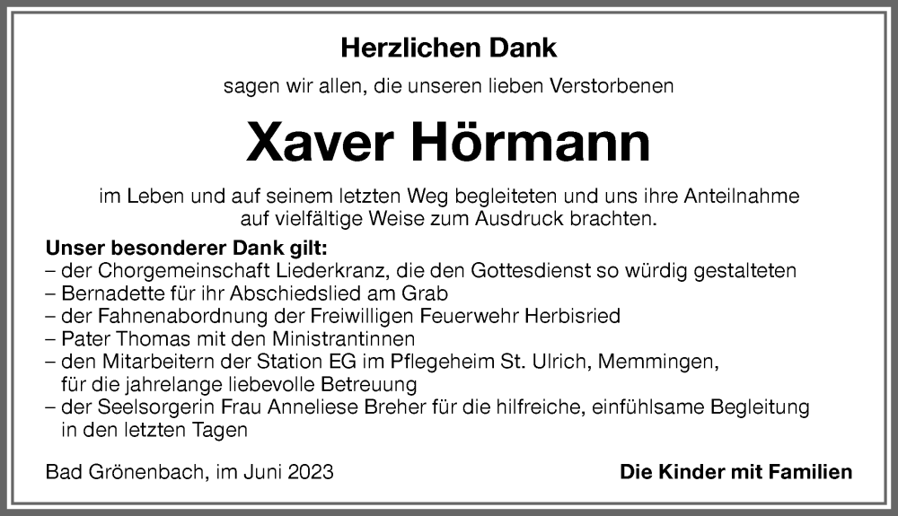 Traueranzeige von Xaver Hörmann von Memminger Zeitung