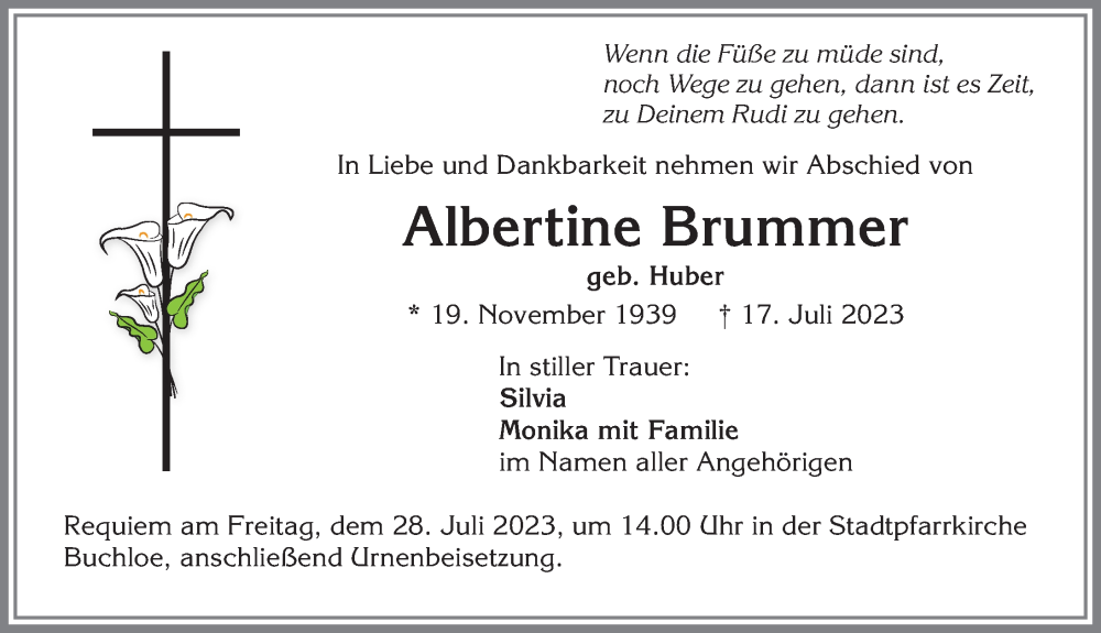 Traueranzeige von Albertine Brummer von Allgäuer Zeitung, Kaufbeuren/Buchloe