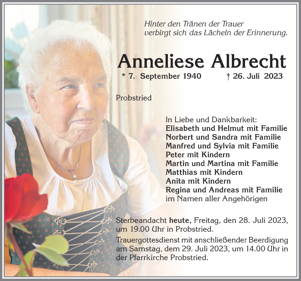 Traueranzeige von Anneliese Albrecht von Allgäuer Zeitung, Marktoberdorf