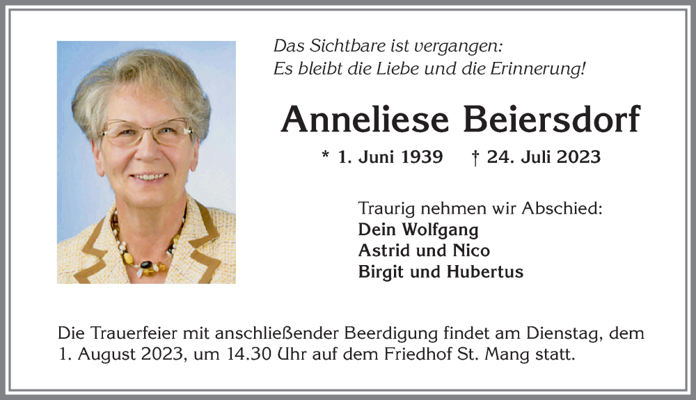 Traueranzeige von Anneliese Beiersdorf von Allgäuer Zeitung,Kempten