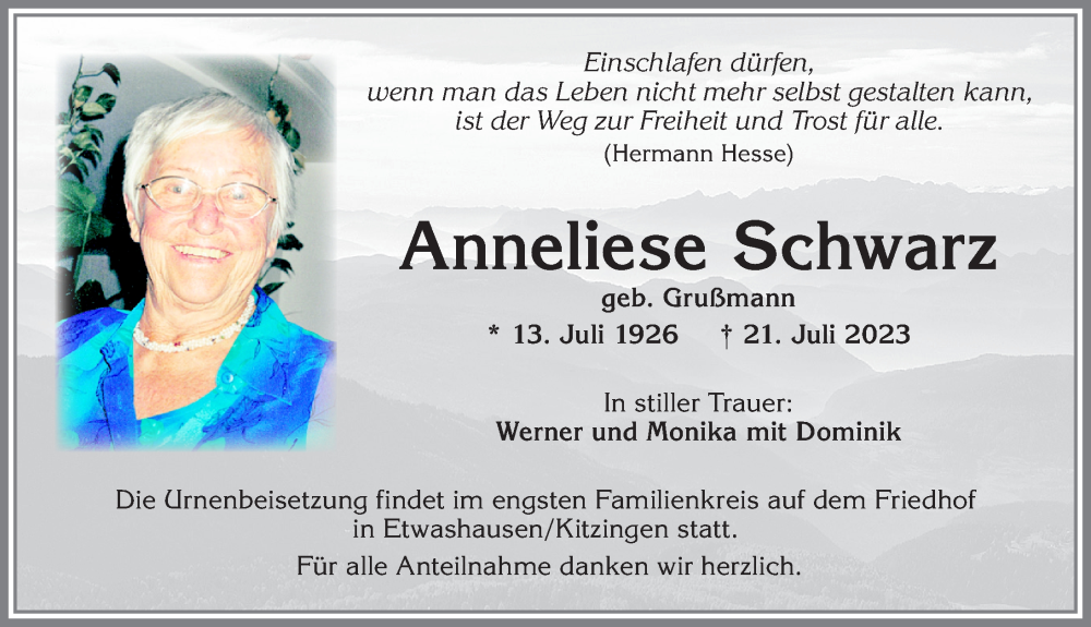 Traueranzeige von Anneliese Schwarz von Allgäuer Zeitung, Marktoberdorf