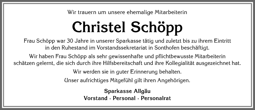 Traueranzeige von Christel Schöpp von Allgäuer Anzeigeblatt