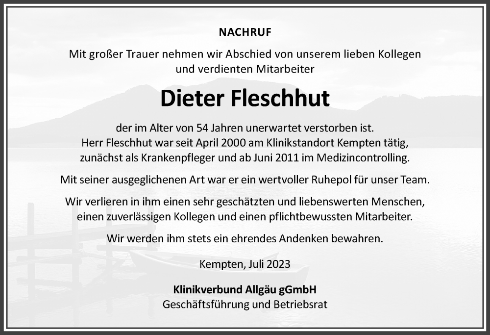 Traueranzeige von Dieter Fleschhut von Allgäuer Zeitung,Kempten