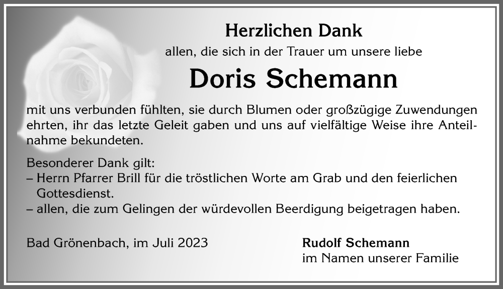 Traueranzeige von Doris Schemann von Memminger Zeitung