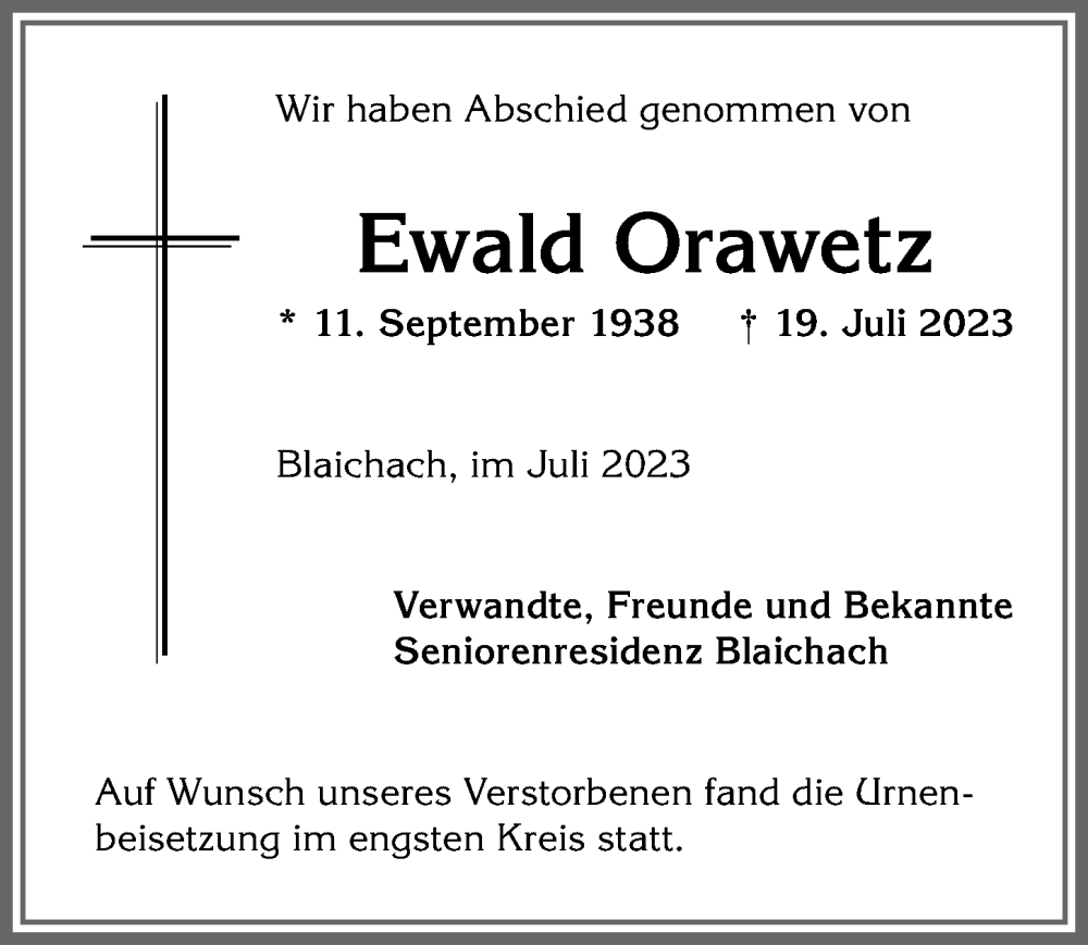 Traueranzeige von Ewald Orawetz von Allgäuer Anzeigeblatt