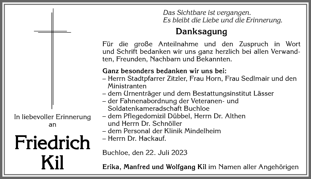 Traueranzeige von Friedrich Kil von Mindelheimer Zeitung, Augsburger Allgemeine