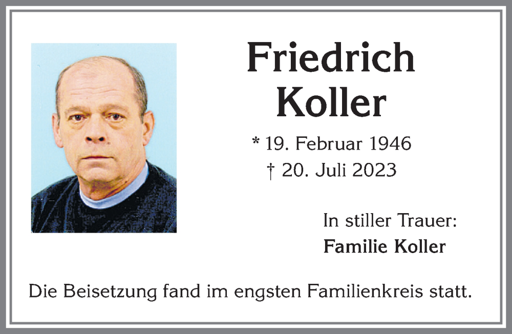 Traueranzeige von Friedrich Koller von Allgäuer Zeitung,Kempten