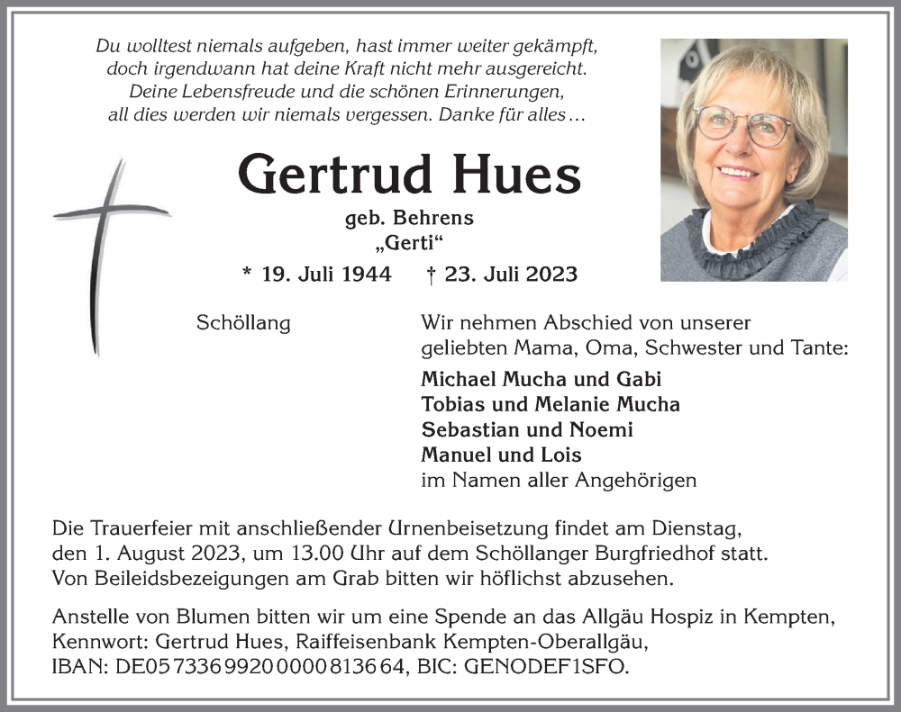 Traueranzeige von Gertrud Hues von Allgäuer Anzeigeblatt