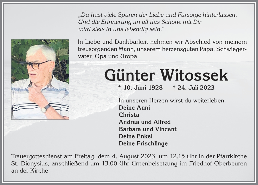 Traueranzeige von Günter Witossek von Allgäuer Zeitung, Kaufbeuren/Buchloe