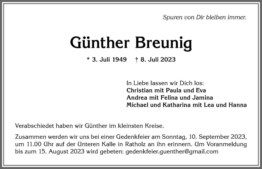 Traueranzeige von Günther Breunig von Allgäuer Anzeigeblatt