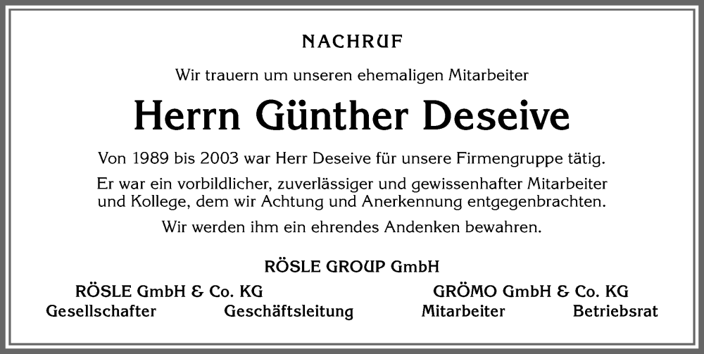 Traueranzeige von Günther Deseive von Allgäuer Zeitung, Kaufbeuren/Buchloe
