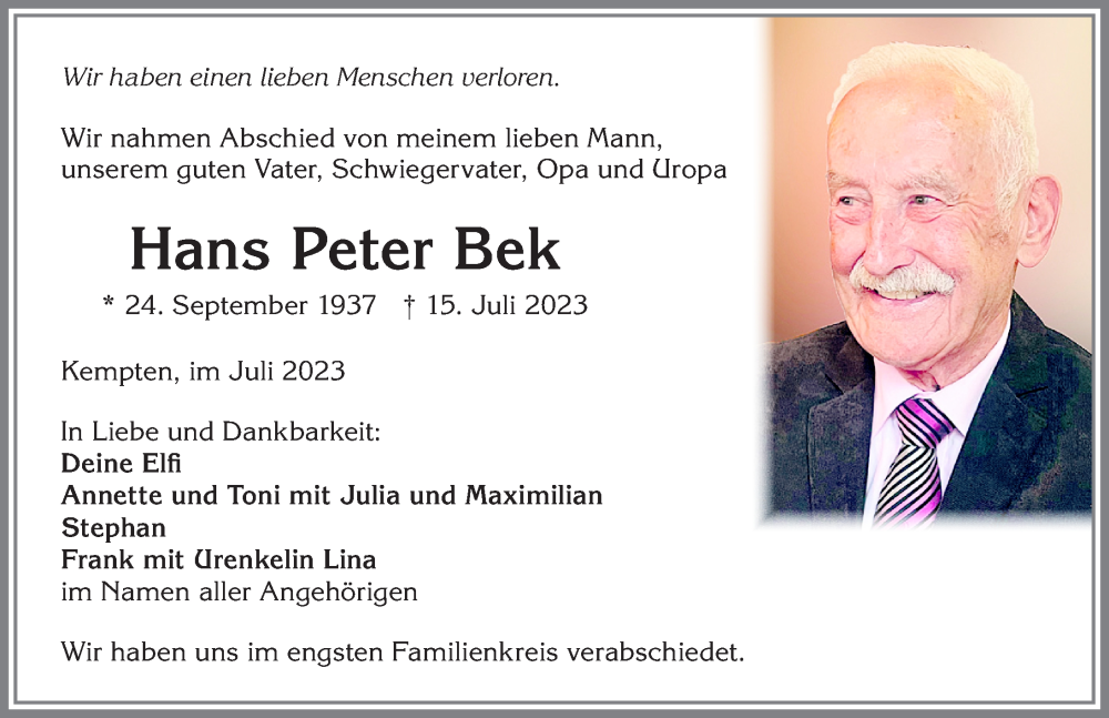 Traueranzeige von Hans Peter Bek von Allgäuer Zeitung,Kempten