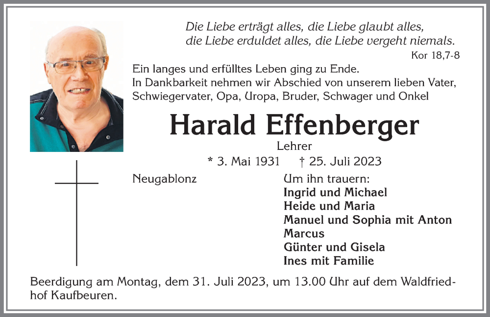 Traueranzeige von Harald Effenberger von Allgäuer Zeitung, Kaufbeuren/Buchloe