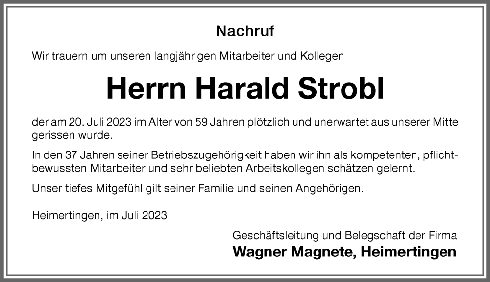 Traueranzeige von Harald Strobl von Memminger Zeitung