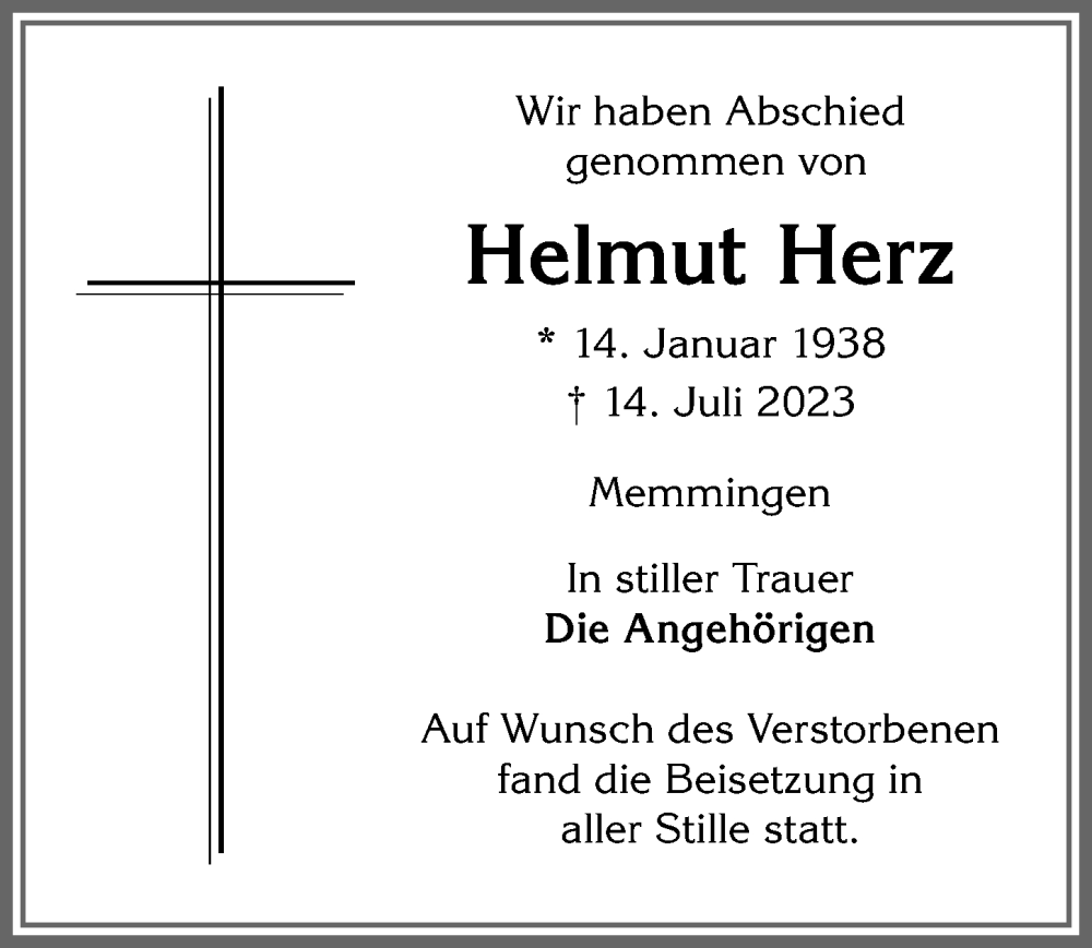 Traueranzeige von Helmut Herz von Memminger Zeitung