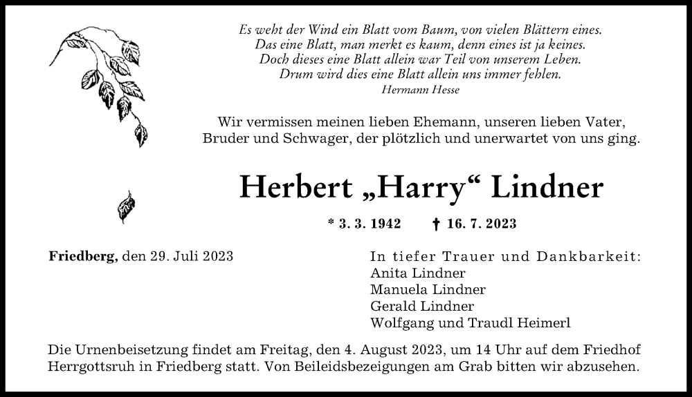 Traueranzeige von Herbert  Lindner von Augsburger Allgemeine