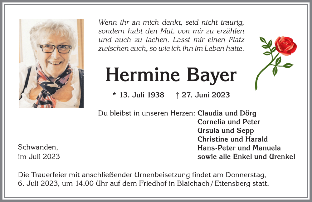 Traueranzeige von Hermine Bayer von Allgäuer Anzeigeblatt