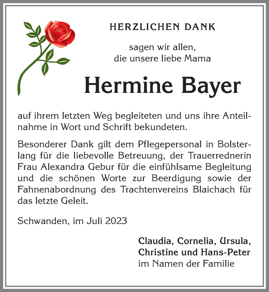 Traueranzeige von Hermine Bayer von Allgäuer Anzeigeblatt