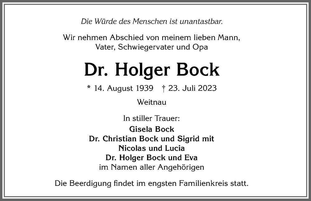 Traueranzeige von Holger Bock von Allgäuer Anzeigeblatt