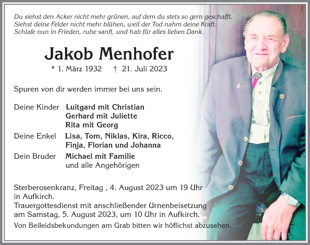 Traueranzeige von Jakob Menhofer von Allgäuer Zeitung, Kaufbeuren/Buchloe