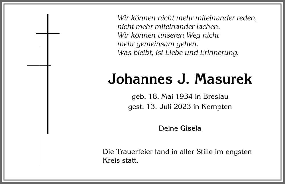 Traueranzeige von Johannes J. Masurek von Allgäuer Zeitung,Kempten