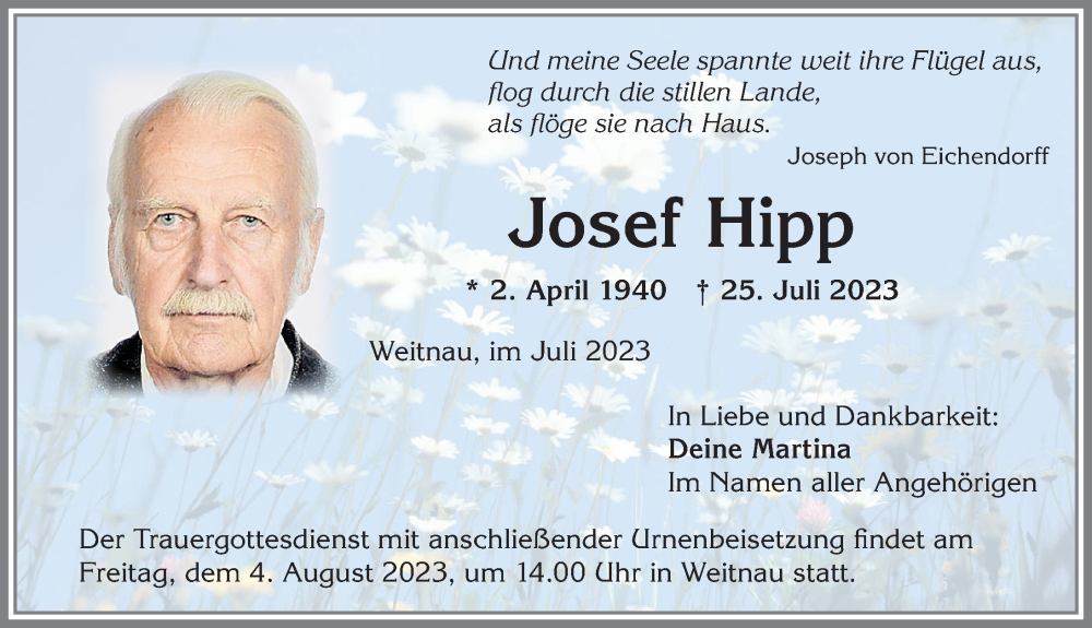 Traueranzeige von Josef Hipp von Allgäuer Zeitung,Kempten