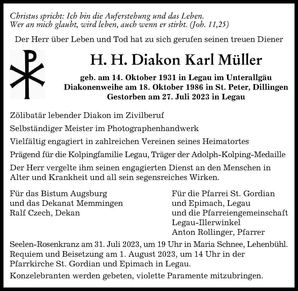 Traueranzeige von Karl Müller von Memminger Zeitung