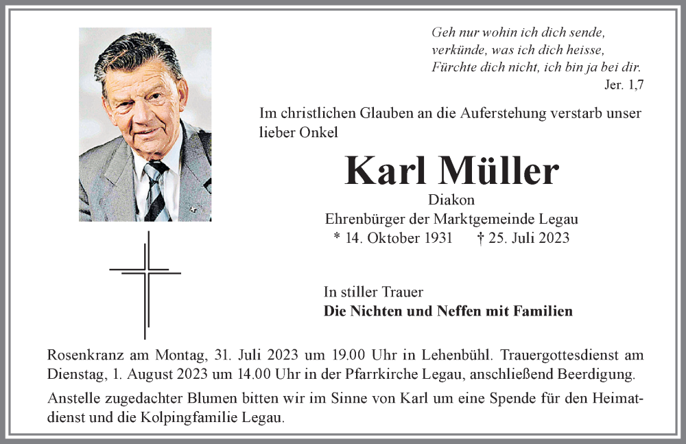 Traueranzeige von Karl Müller von Memminger Zeitung