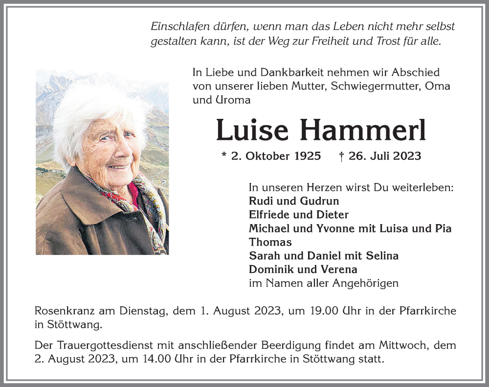 Traueranzeige von Luise Hammerl von Allgäuer Zeitung, Kaufbeuren/Buchloe