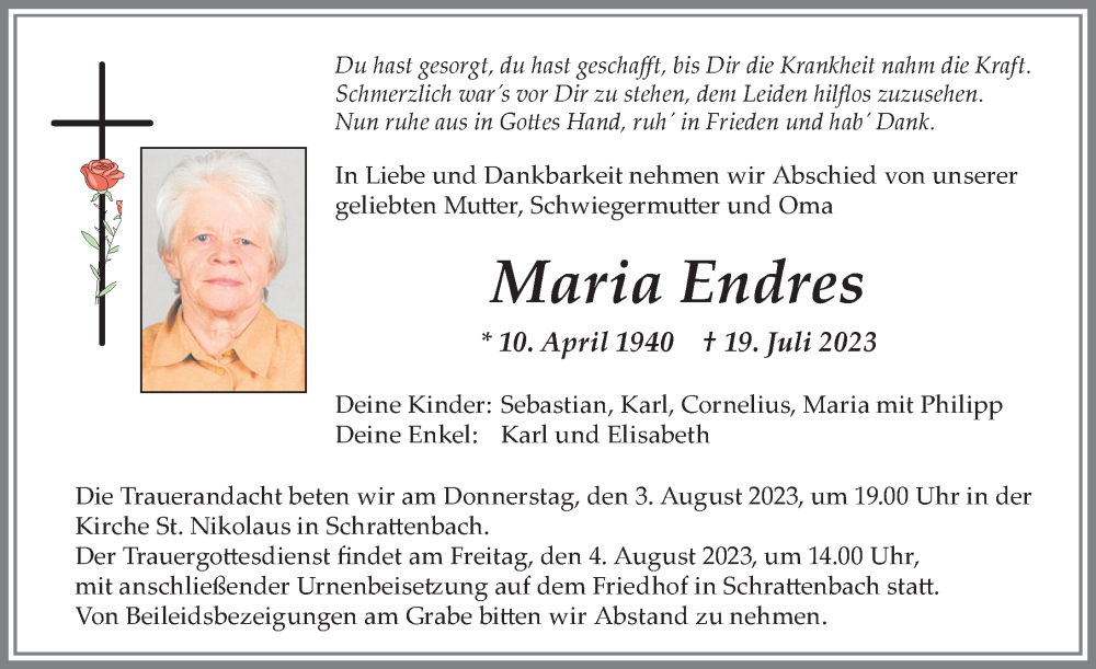 Traueranzeige von Maria Endres von Allgäuer Zeitung,Kempten