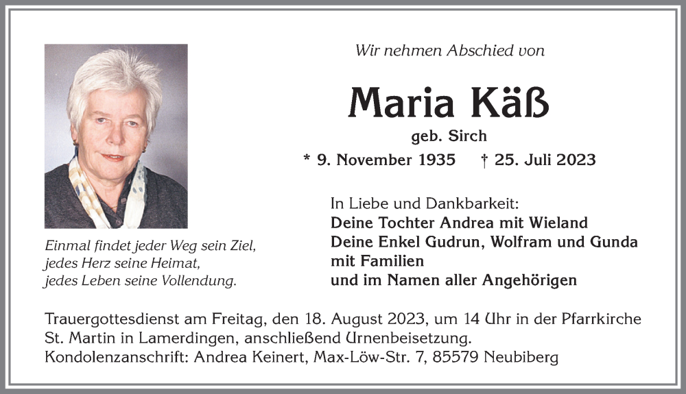 Traueranzeige von Maria Käß von Allgäuer Zeitung, Kaufbeuren/Buchloe