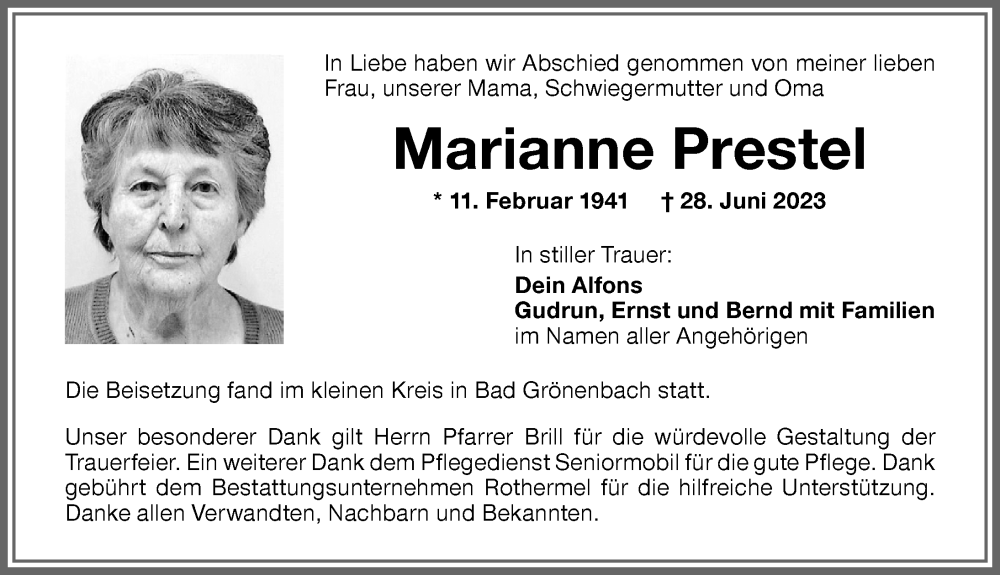 Traueranzeige von Marianne Prestel von Memminger Zeitung