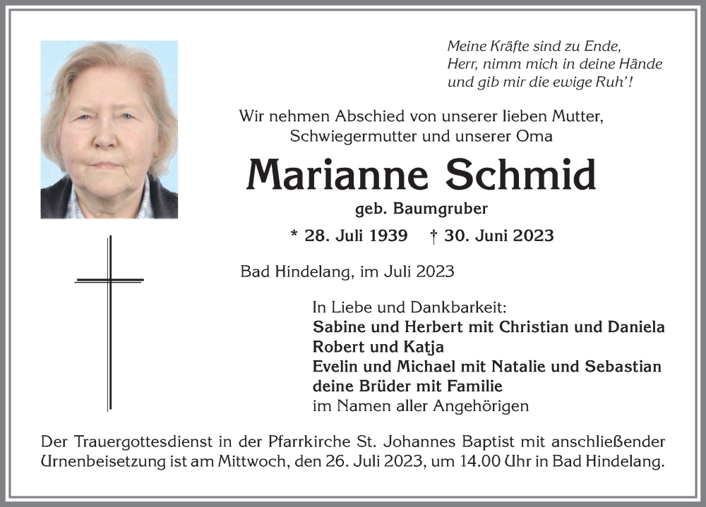 Traueranzeige von Marianne Schmid von Allgäuer Anzeigeblatt