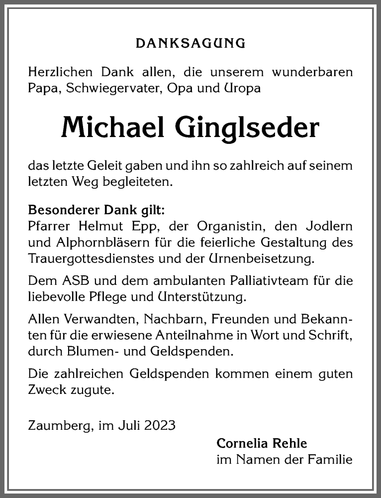 Traueranzeige von Michael Ginglseder von Allgäuer Anzeigeblatt