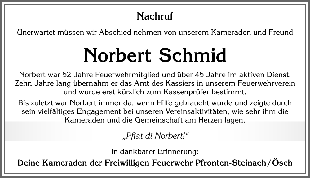 Traueranzeige von Norbert Schmid von Allgäuer Zeitung, Füssen