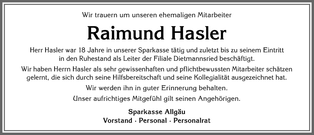 Traueranzeige von Raimund Hasler von Allgäuer Zeitung,Kempten