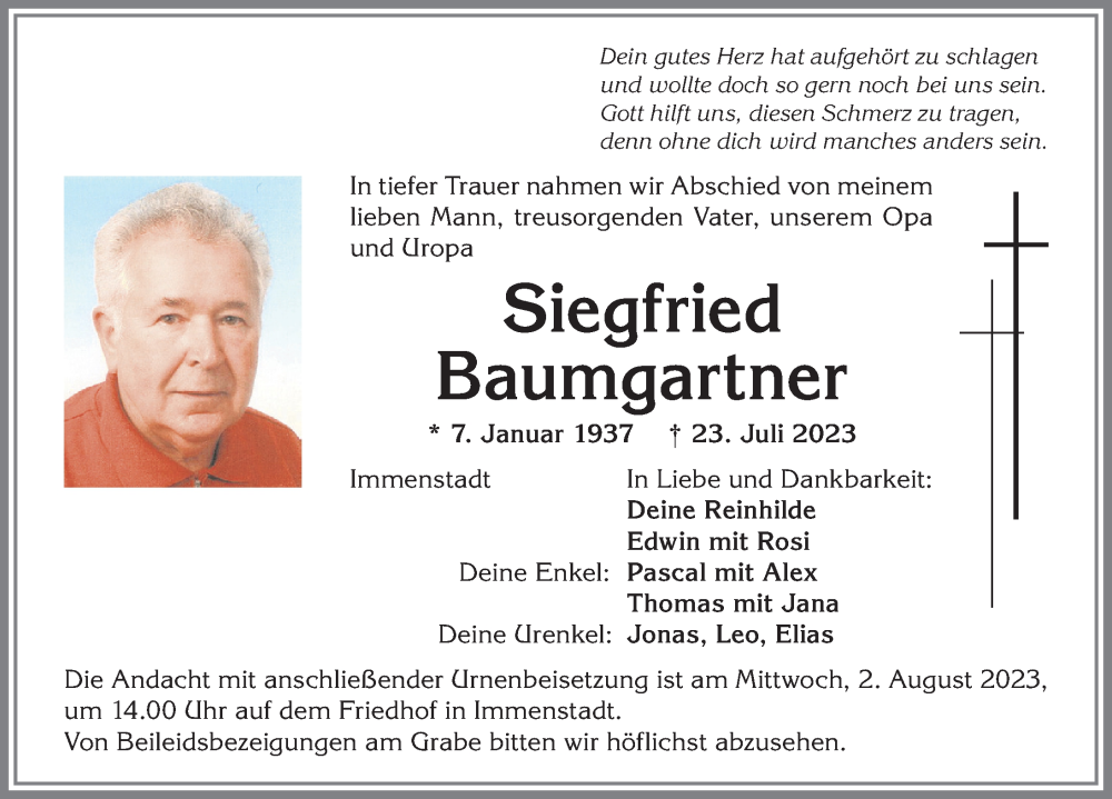 Traueranzeige von Siegfried Baumgartner von Allgäuer Anzeigeblatt