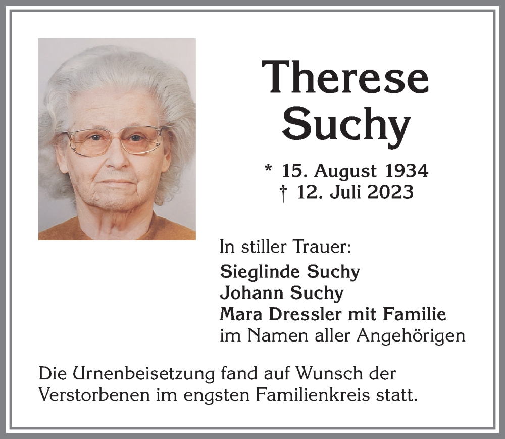 Traueranzeige von Therese Suchy von Allgäuer Zeitung, Marktoberdorf