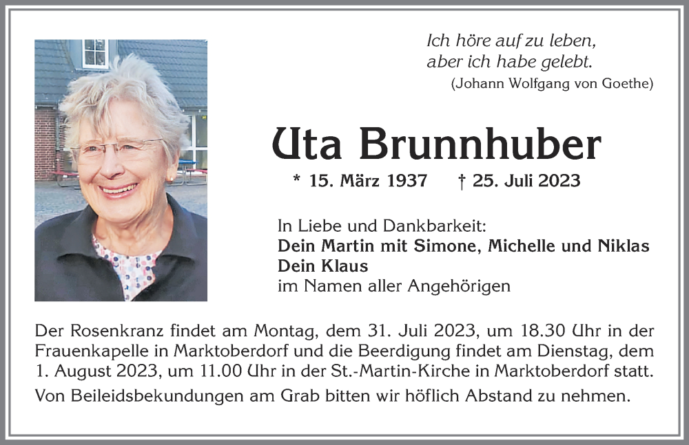 Traueranzeige von Uta Brunnhuber von Allgäuer Zeitung, Marktoberdorf