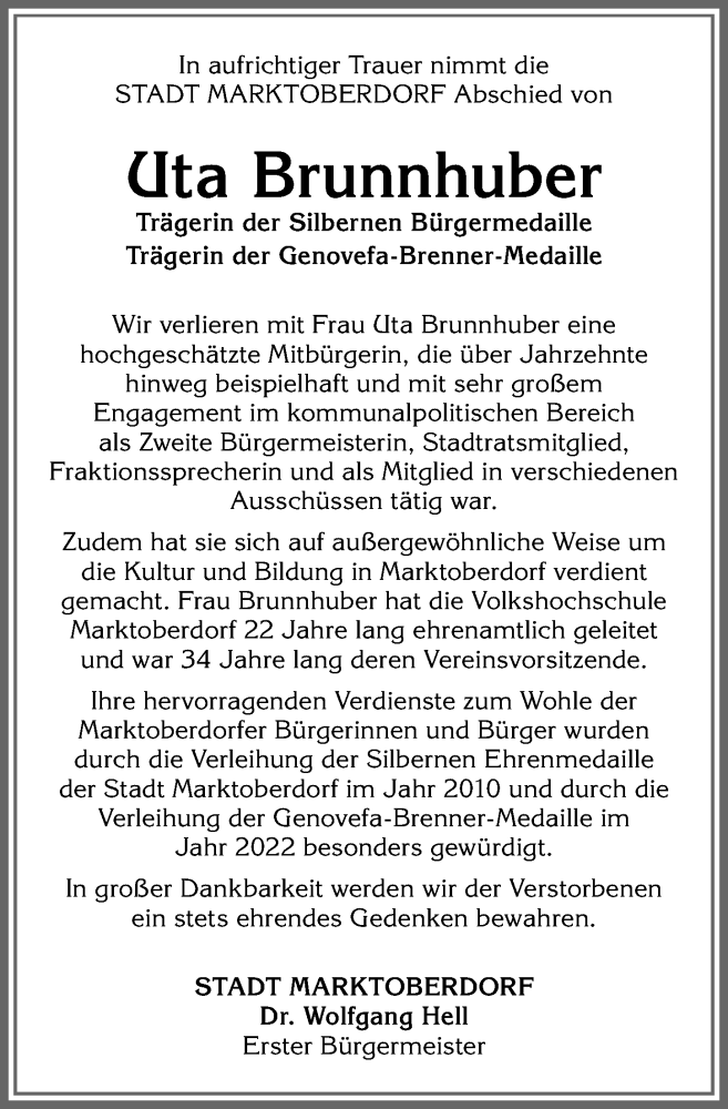 Traueranzeige von Uta Brunnhuber von Allgäuer Zeitung, Marktoberdorf