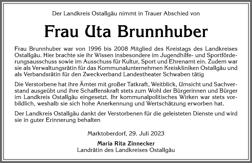 Traueranzeige von Uta Brunnhuber von Allgäuer Zeitung, Marktoberdorf