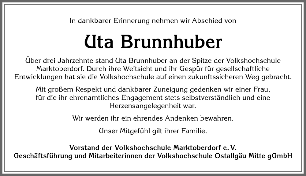 Traueranzeige von Uta Brunnhuber von Allgäuer Zeitung, Marktoberdorf